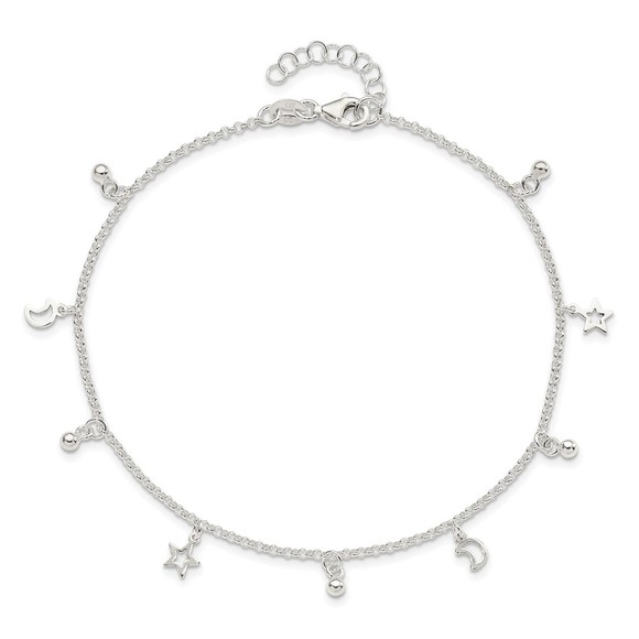 925 Sterling Silver Bead Star Charm and Moon 9" Plus 1" Ext. Fine Jewelry Anklet - Picture 5 of 8